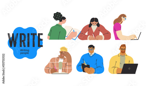 Writing people, modern flat vector concept illustrations set people writing on paper or device. Metaphor for reflection, insight, contemplation, creative expression