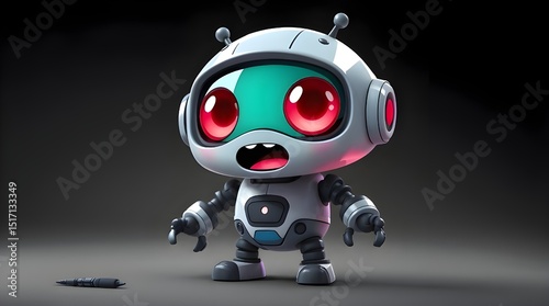 An adorable and cute scared robot cartoon character rendered in bright, vibrant colors, despite the monochrome setting. The character should have charming features and a lively, energetic expression