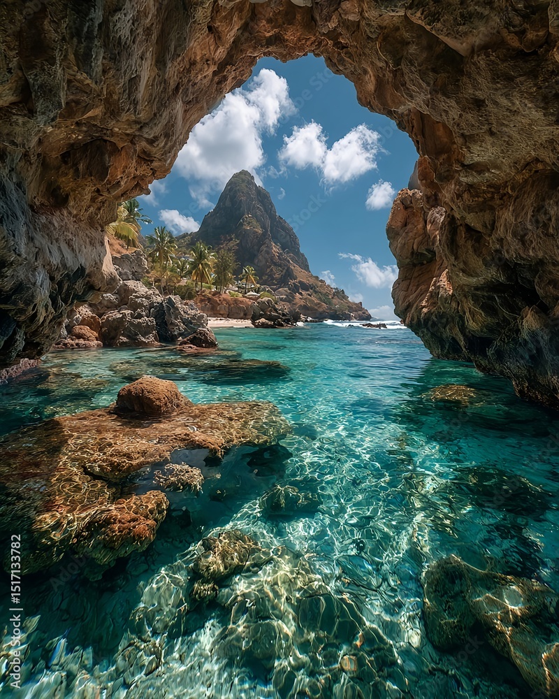 Fototapeta premium Tropical split view showing an underwater cave with turquoise water, coral seabed, and sunlit coastal cliffs