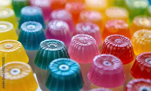 Brightly Colored Gelatin Dessert Cups Arrayed with a Soft Focus Rainbow Background