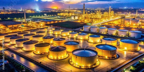 Aerial view of oil and gas tanks in industrial area with yellow lights at night, infrastructure