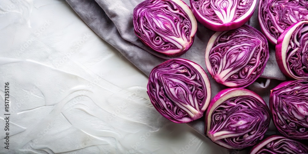Fototapeta premium Colorful sliced red cabbage on a white cloth backdrop , colorful, red, colorful,red,vegetables,backdrop