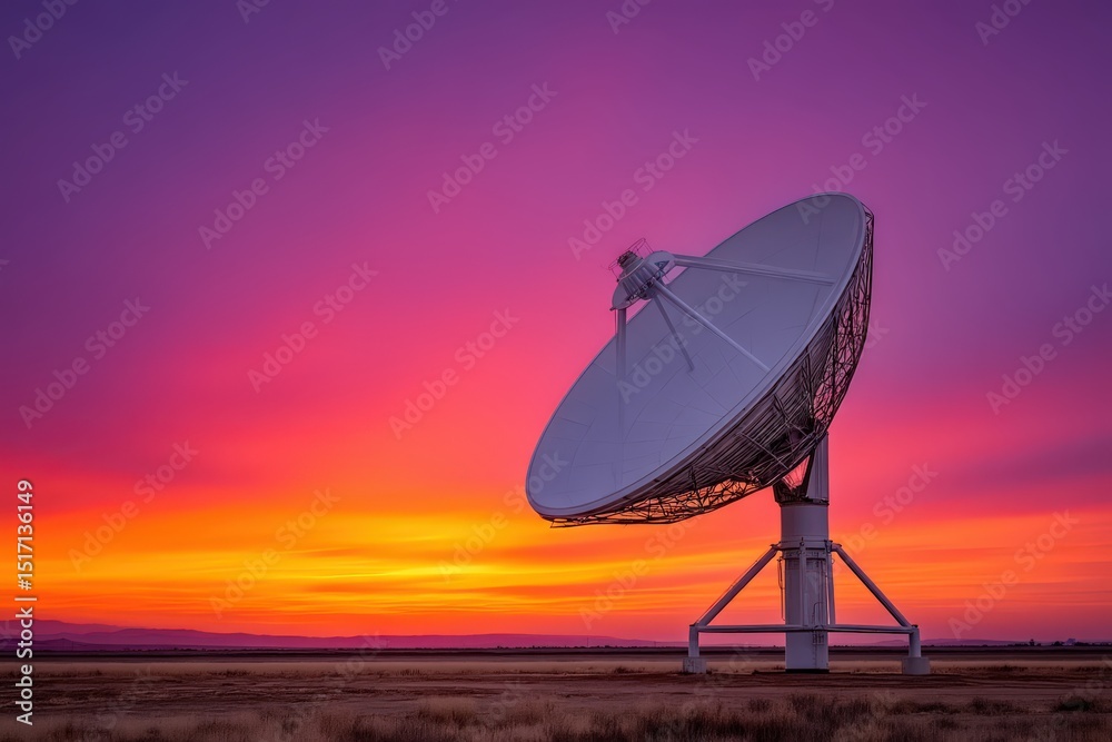 Vast satellite dish capturing celestial signals against a stunning gradient sunset with vibrant hues of purple orange and pink reflecting technology innovation in a serene landscape setting Vast satellite dish capturing celestial signals against a stunning gradient sunset with vibrant hues of purple orange and pink reflecting technology innovation in a serene landscape setting