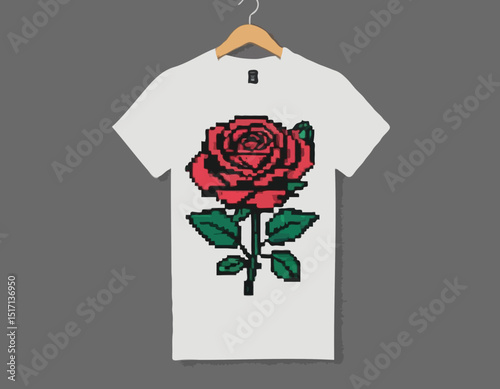 Vintage illustration of rose flower with pixel style t shirt design, vector graphic, typographic poster or tshirts street wear and Urban style