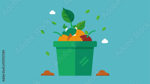 Compost Bin with Vegetables A compost bin overflowing with vegetable scraps and leaves illustrating the benefits of composting waste for a greener environment.