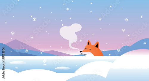Fox in snow-covered landscape with distant mountains and clear sky 