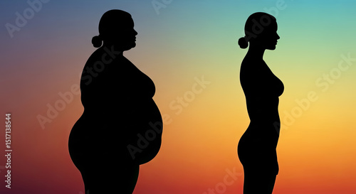 Silhouette of two women representing weight transformation, with a colorful sunset creating a dramatic atmosphere and highlighting their figures