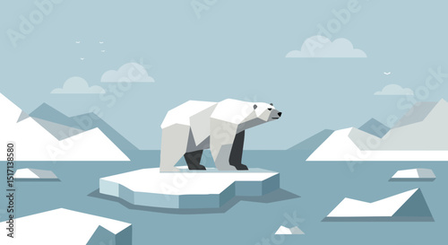 Polar bear standing on melting ice floe in Arctic landscape with mountains and clouds 