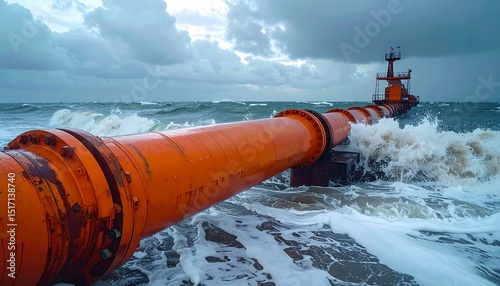 Industrial Pipeline Through Crashing Waves Under Stormy Sky with Coastal Engineering.