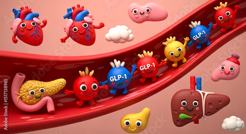 Animated characters depicting GLP-1 and various organs flowing through a vibrant bloodstream, showcasing a playful and educational concept