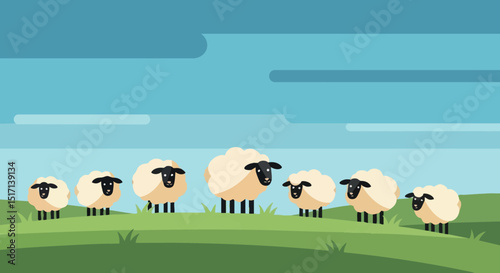 Sheep grazing on green grass under blue sky with clouds in peaceful countryside scene 