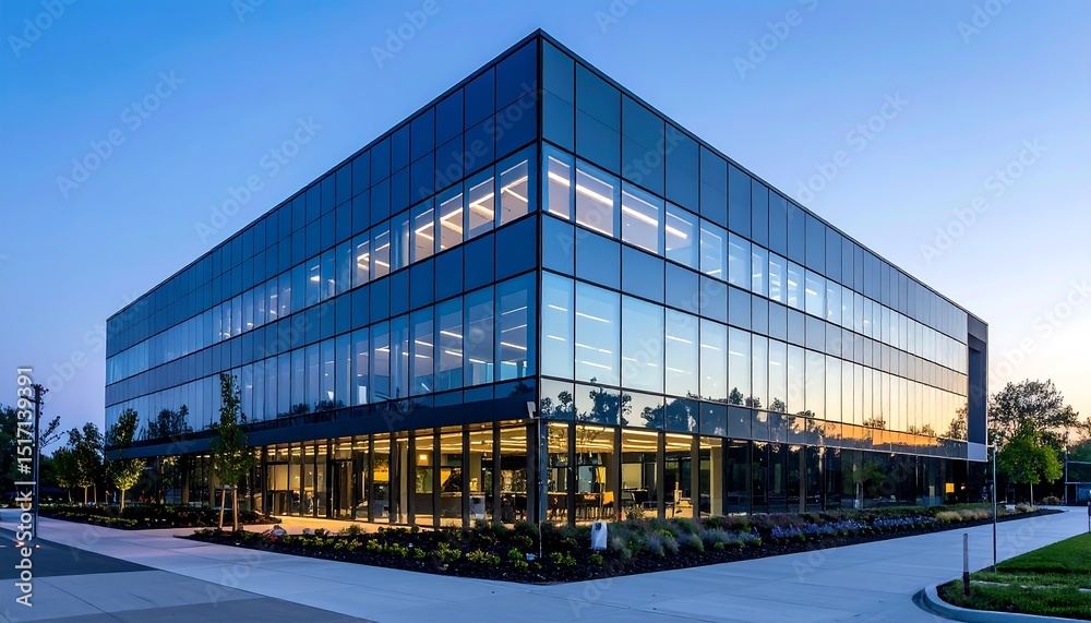 Obraz premium Modern Glass Office Building at Dusk Architectural Exterior Blue Hour Sky.