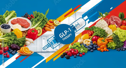 Vibrant arrangement of fruits, vegetables, and a syringe symbolizing GLP-1 therapy, emphasizing healthy lifestyle choices and nutrition