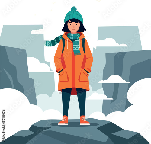 Young woman wearing orange coat and green hat in winter mountain landscape illustration 