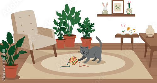 Gray Cat Playing with Yarn Ball in Cozy Living Room with Plants and Beige Armchair 