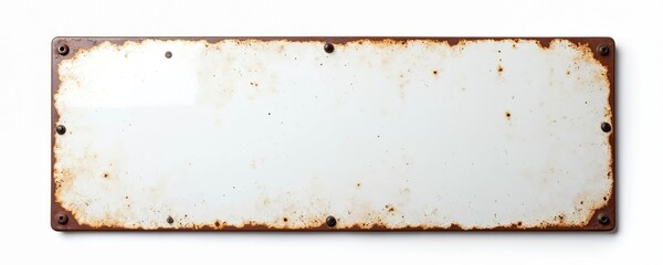 Blank vintage white enamel metal sign or panel with rusty edges on white background. Aged grunge metal plate template with empty copy space for text message logo. Rusted signboard mockup for design.