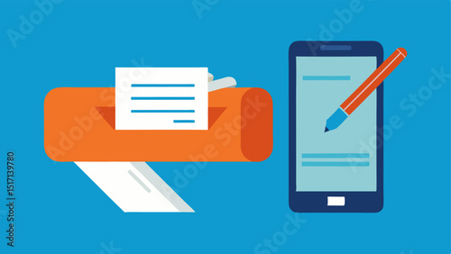 A hand writing a paper check on one side contrasted with a smartphone hovering over a check being scanned for deposit illustrating the ease of mobile check deposits.