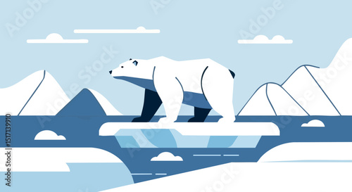 Polar bear walking on melting ice in Arctic landscape with snowy mountains and clouds 