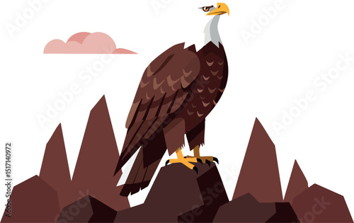 Bald eagle perched on rocky mountain landscape with brown tones and cloudy sky background 