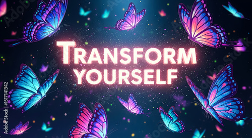 Vibrant butterflies fluttering in a whimsical environment, with luminous text encouraging personal transformation and growth