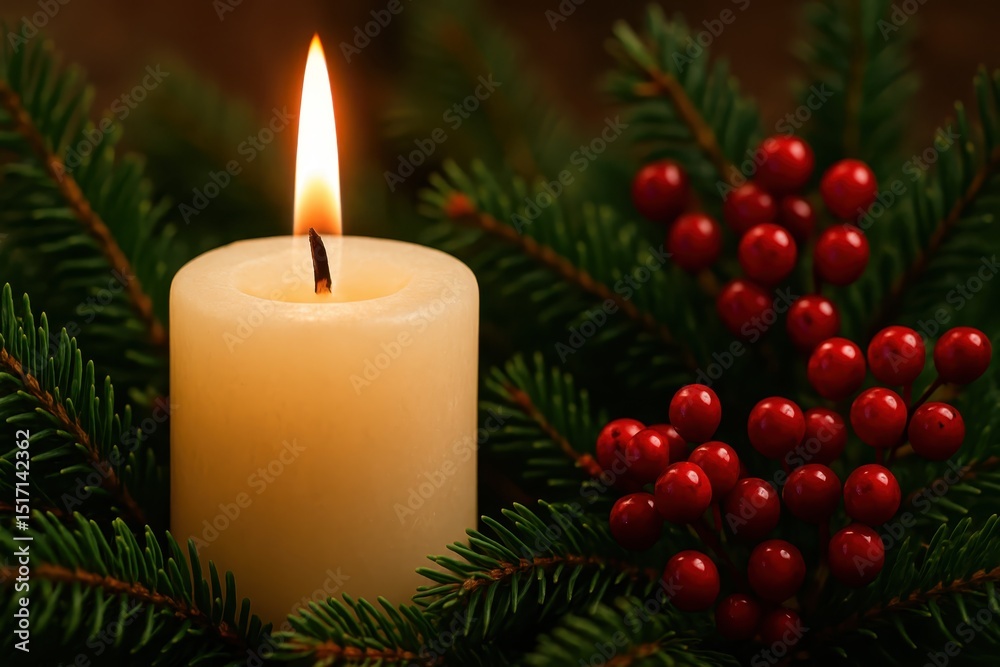 Close-up of a single lit candle nestled among fresh green spruce or fir tree branches adorned with small red berries creating a cozy Christmas or winter holiday atmosphere. Close-up of a single lit candle nestled among fresh green spruce or fir tree branches adorned with small red berries creating a cozy Christmas or winter holiday atmosphere.