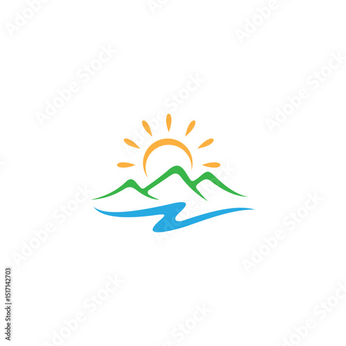 mountain nature landscape logo with sun and water elements in flat design style