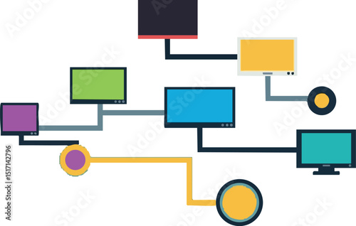 Colorful digital network diagram with connected devices and data flow visualization 