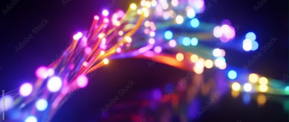 Anamorphic video Fiber optic wires with flashing signals, Bright light signals quickly transmit data for high speed internet connection 