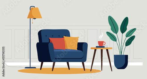 Cozy blue armchair with orange cushions and green plant in modern living room setting 