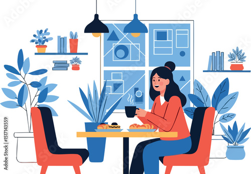 Woman enjoying coffee in cozy blue-themed modern room with plants and shelves 