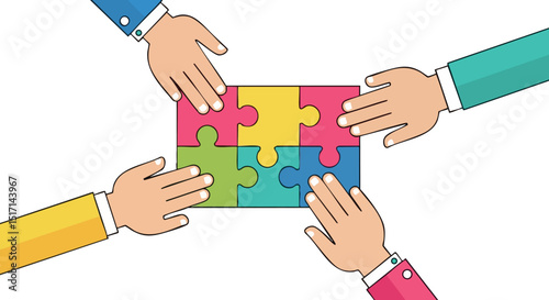 Hands assembling colorful puzzle pieces teamwork and collaboration concept illustration 