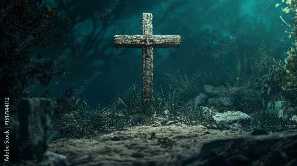 Naklejka premium Weathered wooden cross stands in a dark, overgrown forest clearing at night.