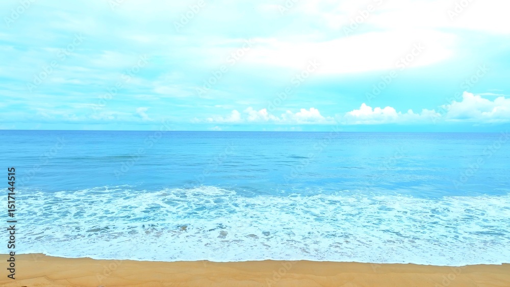 Fototapeta premium The vast tropical sea stretches under a soft blanket of clouds, with gentle waves caressing the sandy shore. A serene and peaceful atmosphere fills the air, perfect for a tranquil getaway. 