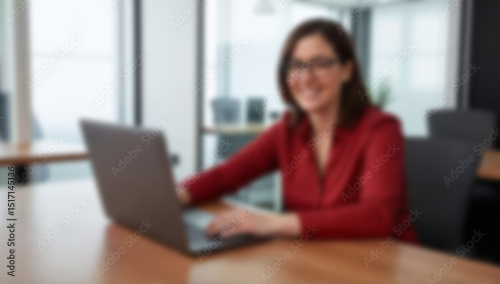 Blurred businesswoman sitting at desk using laptop. Image is intentionally blurred for privacy and isolated subject focus. Blurred businesswoman sitting at desk using laptop. Image is intentionally blurred for privacy and isolated subject focus.