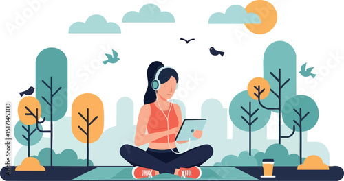 Woman in orange top using tablet seated outdoors in autumn park with birds and coffee cup 