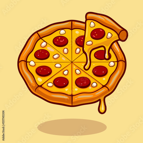 Delicious Cartoon Pizza Slice with Melting Cheese Illustration