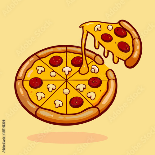 Delicious Cartoon Pizza Slice with Melting Cheese Illustration