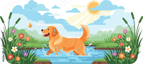 Golden retriever dog walking in water with flowers and sunny sky landscape scene 