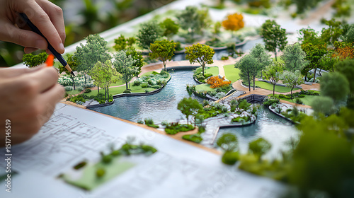 Architect designing a detailed landscape model with miniature trees and water features