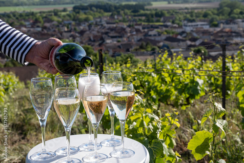 Pouring and tasting of white and rose sparkling wine brut, grand reserve, champagne in Ay-Champagne on green hilly vineyards in old wine making village in Vallee de la Marne, Champagne region, France