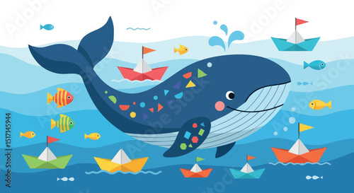 Blue whale swimming among colorful paper boats and vibrant fish underwater scene 