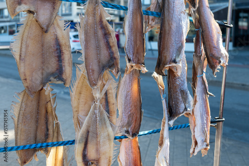 Dtied on air or salted stock fish on sea promenade in Oostende, Belgium