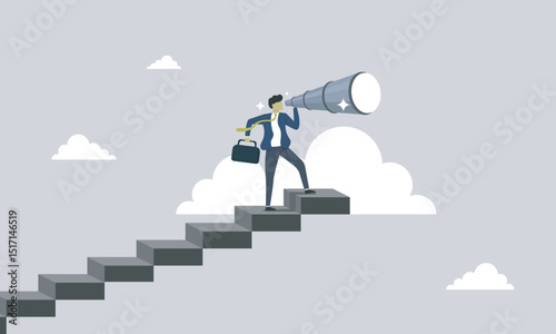 Man using monocular and climbing up stairs to looking for job or work. looking for hired. looking for inspiration. climbing for future. never giveup.