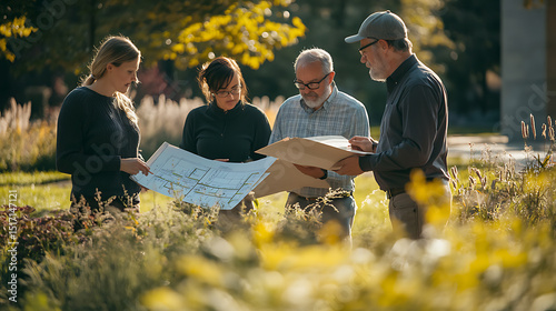 Group of professionals discussing plans in a natural outdoor setting