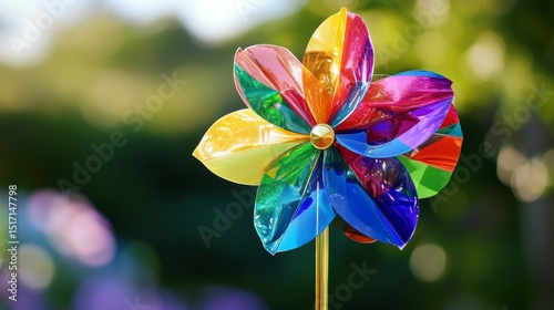 Colorful pinwheel spinning in a sunny garden.