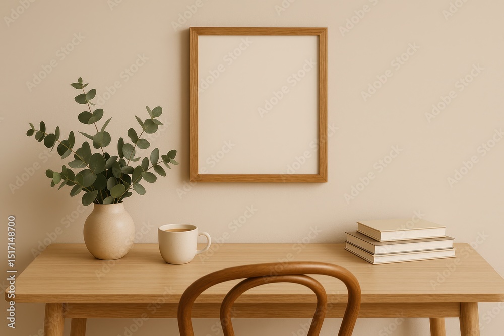 Cozy Home Office Workspace Mockup with Blank Wooden Picture Frame on Beige Wall Eucalyptus in Vase Coffee and Books Cozy Home Office Workspace Mockup with Blank Wooden Picture Frame on Beige Wall Eucalyptus in Vase Coffee and Books