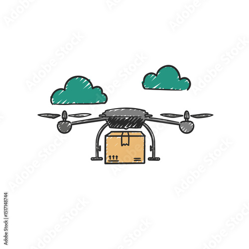 Cargo drone delivering package through the sky with clouds  