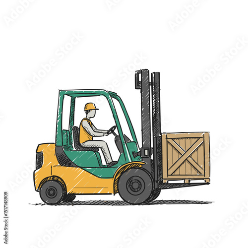 Forklift operator driving vehicle with wooden crate in logistics  