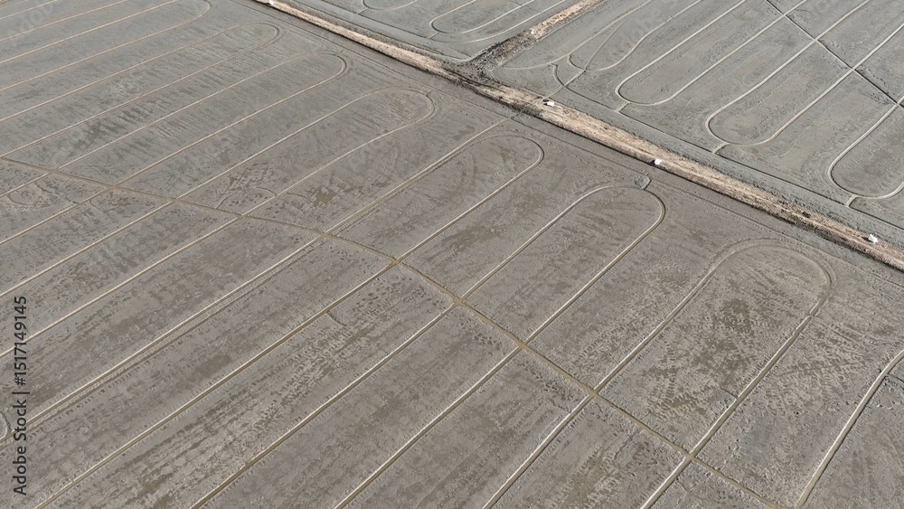 Fototapeta premium Aerial view of a rice field being meticulously prepared for planting, with distinct rows etched into the wet soil, marking the beginning of the growing season. Thailand. 
