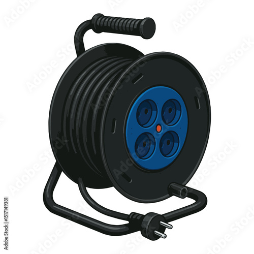 Cable Reel Vector – Portable Black Extension Cord with Blue Socket Panel